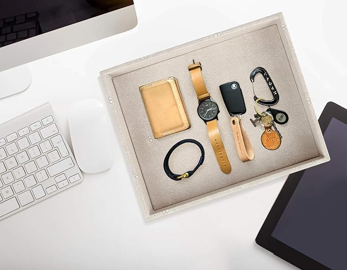 HofferRuffer Elegant Desktop Organizer, Vanity Tray, Bathroom Storage Tray Holder, Dresser Jewelry Tray, Change Coin Key Watch Catchall Tray, 10.2 x 8.4 x 1.8 inches (Light Grey Faux Leather Shagreen)