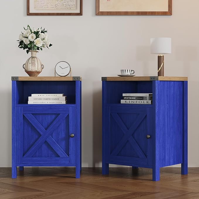 Farmhouse End Table, Nightstand, Set of 2, End Tables with Barn Door and Shelf, Modern Bed Side Table Rustic Nightstands Set for Bedroom, Living Room, Navy Blue