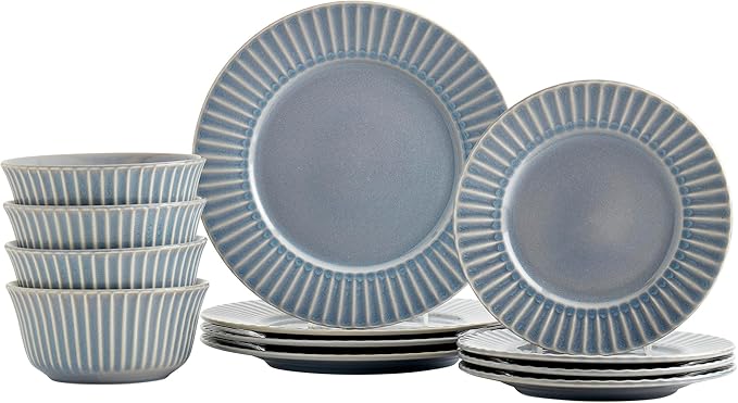 Tabletops Gallery Richmond 12-Piece Reactive Glaze Stoneware Dinnerware Set of Kitchen Dishes, Dinner Plates, Cereal Bowls, Service for 4, Gray