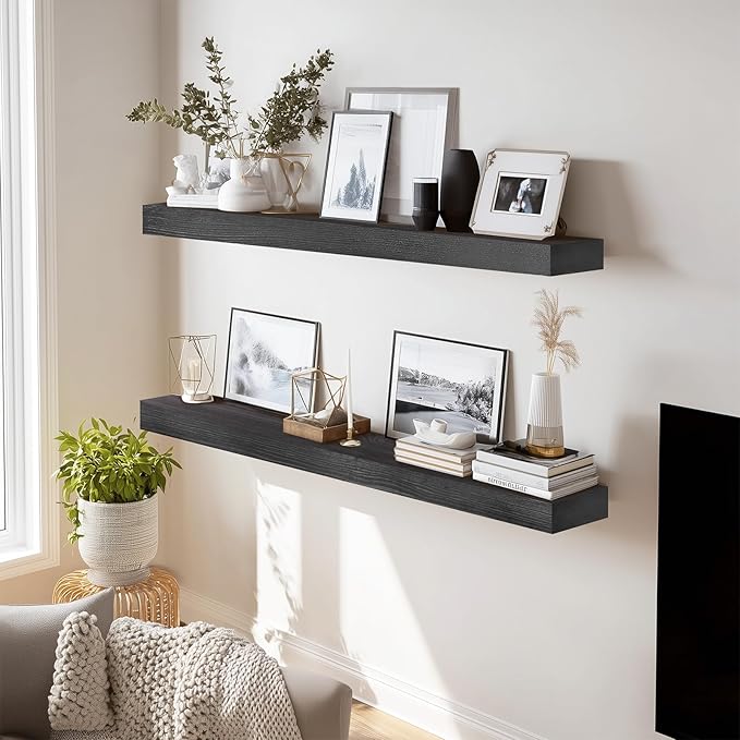36x8x1.6 inch Floating Shelves Set of 2 – Solid Wood Rustic Black Wall Mounted Shelf for Kitchen, Bathroom, Living Room