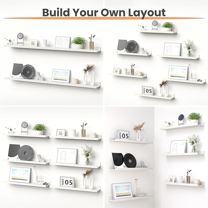 upsimples Floating Shelves for Wall, Wall Shelves for Decor Storage Set of 6, Wall Mounted Wood Shelves for Bedroom, Living Room, Bathroom, Kitchen, 23.6 inch Long Picture Ledge Shelves, White
