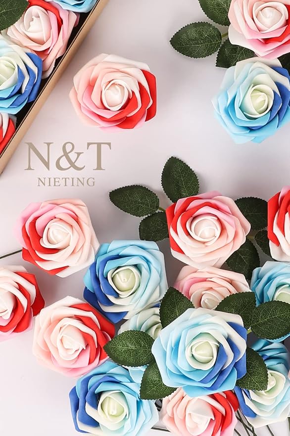 N&T NIETING Artificial Flowers Roses, 25Pcs Whimsical Blue Fake Foam Roses with Stems for DIY Wedding Bouquets Baby Shower Centerpieces Floral Arrangements Party Home Decor