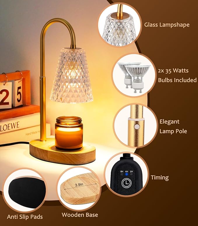 Candle Warmer Lamp with Timer - No Flame Electric Candles Wax Warmers Glass Lamps for Jar Candles Burner Adjustable Height Light Modern