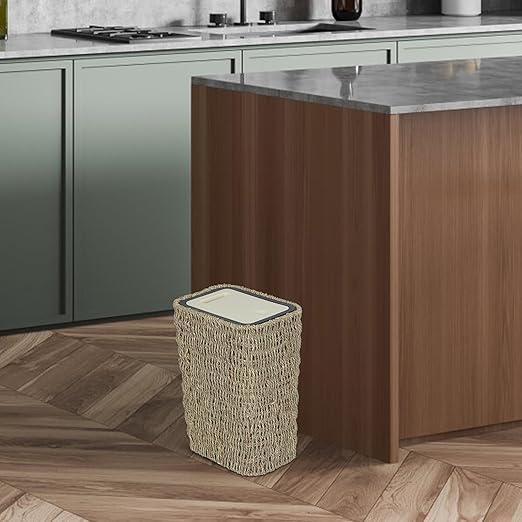 Boho Trash Can with Lid,3 Gallon Small Rattan Trash Can with Press Top Lid,Slim Wicker Waste Basket and Hamper 2 in 1 for Bathroom,Seagrass Woven Garbage Can Trash Basket for Bathroom,Kitchen