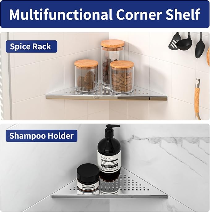 Corner Shower Shelf, 10" Polished 304 Stainless Steel Recessed Shelves for Bathroom, Grout in Shelf Racks for Tiled Wall, 2 Pack, No Drilling Needed