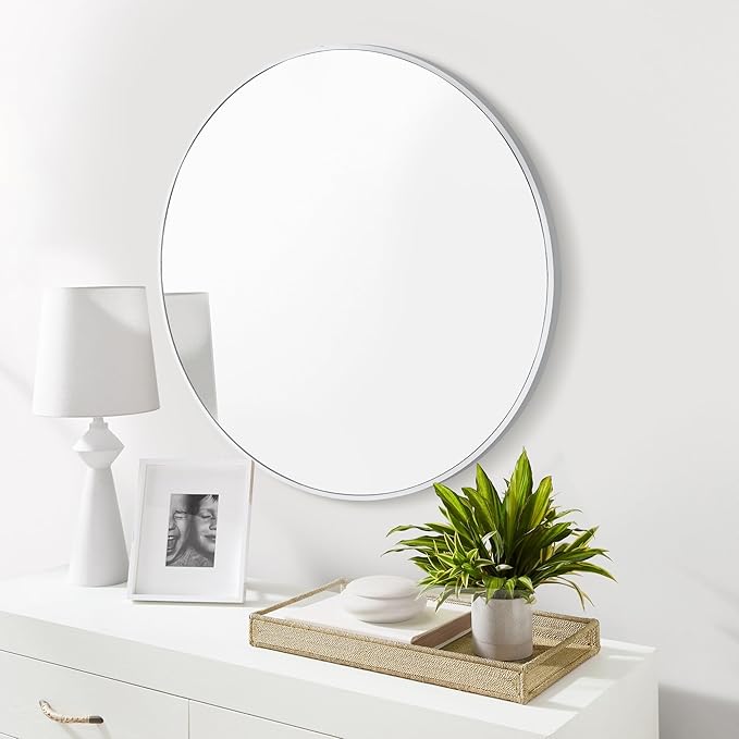 CULER Round White Bathroom 24 Inch Mirror,Circle Wall Modern Mirror for Bedroom,Hanging Vanity Tempered Glass Mirrors for Entryway or Living Room