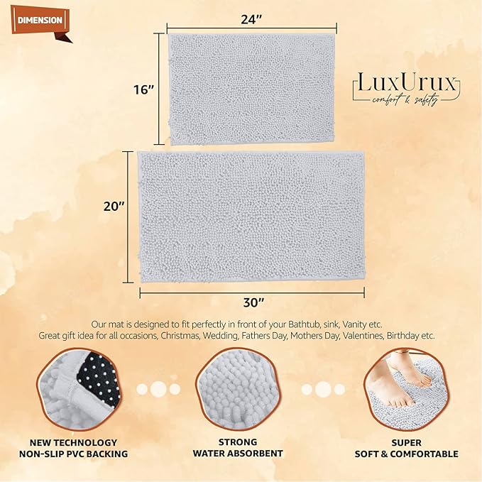 LuxUrux 2 Piece Bathroom Rug Set - Premium Plush Bath Mat Shower Rugs, 1" Chenille Microfiber, Non-Slip & Absorbent, Soft & Cozy, Durable Stylish (20x30 & 16x24 inches, White)