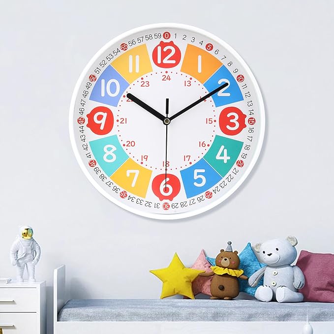 Wall Clock Modern Colorful Kid's Clock Small Silent Analog Round Simple Quiet Quartz Black Wall Clocks Battery Operated Non Ticking for Bathroom Office Garage School Colorful 9 Inch