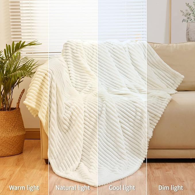 Bnuitland Ivory Flannel Throw with Storage Pouch,300GSM Super Soft Fleece Stripe Pattern Sofa Blanket for Adults and Kids, Lightweight Cozy Bed Throw for Home Decor All Season