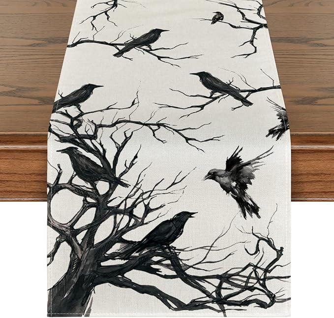 Artoid Mode Silhouette Tree Crows Halloween Table Runner, Branches Fall Kitchen Dining Table Decoration for Outdoor Home Party 13x48 Inch