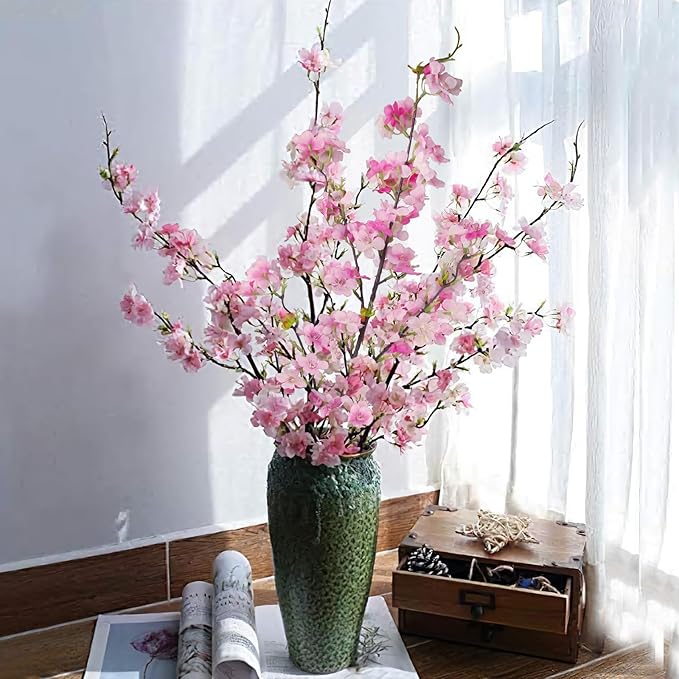 CISDUEO 3 Pcs Artificial Cherry Blossom Flower Silk Peach Flowers Bulk Plum Blossom Flowers with Leaves Cherry Blossom Branches Vase Arrangements for Spring Wedding Indoor Outdoor DIY Party Decor Pink