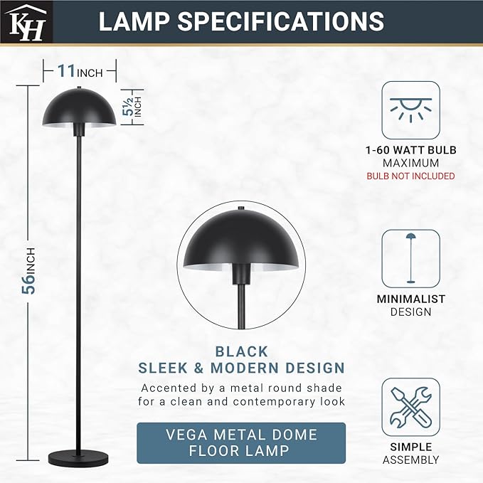 Kenroy Home Vega Black Metal Dome Floor Lamp with Sleek Modern Design and Round Metal Shade for Living Rooms, Offices, and Bedrooms