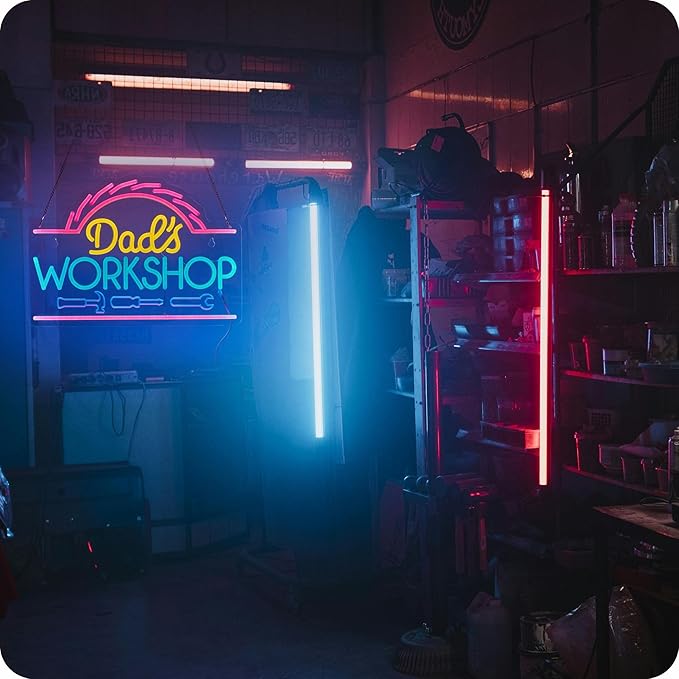 Dad's Workshop Neon Sign for Wall Decor Garage LED Light Car signs for Auto Repair Shop Man Cave Gift for Father 12.6 x 16.5 in (Yellow Pink)