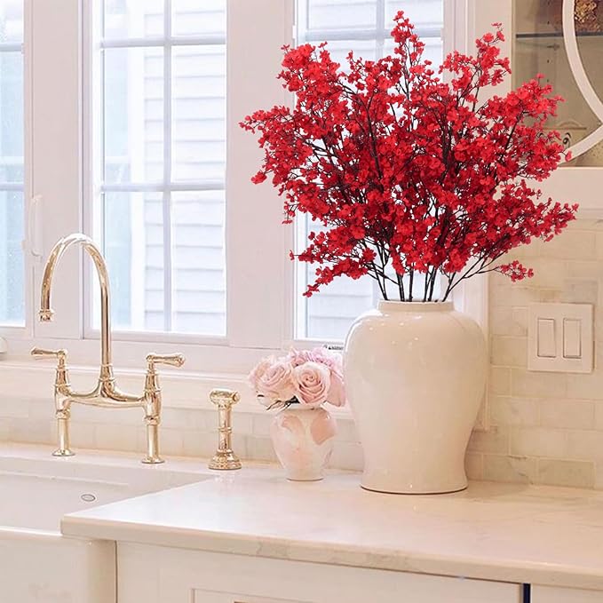 AILANDA 6 Bundles Babys Breath Artificial Flowers Red, 39.4'' Long Stems Faux Flowers Real Touch Silk Flowers Arrangement for Floor Vase Home Wedding Kitchen Dinning Table Christmas Centerpieces Decor
