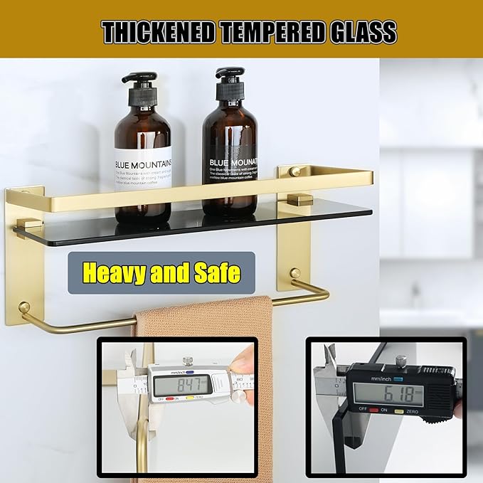 Alise Bathroom Shelves Glass Shelf with Bar,Wall Mount Floating Shelves for Bathroom,1 Tier Tempered Glass Holder Storage Organizer,SUS304 Stainless Steel Gold and Black GDL2001-GB