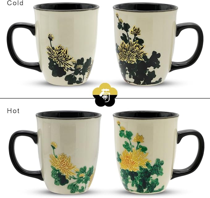 Funny Ceramic Magic Heat Color Changing Art Coffee Tea Mug Gold Chrysanthemum Printing Porcelain Mugs for Women Personalized White Green Tea Cup 16 oz Large coffee Mugs for Mom Girl Grandma