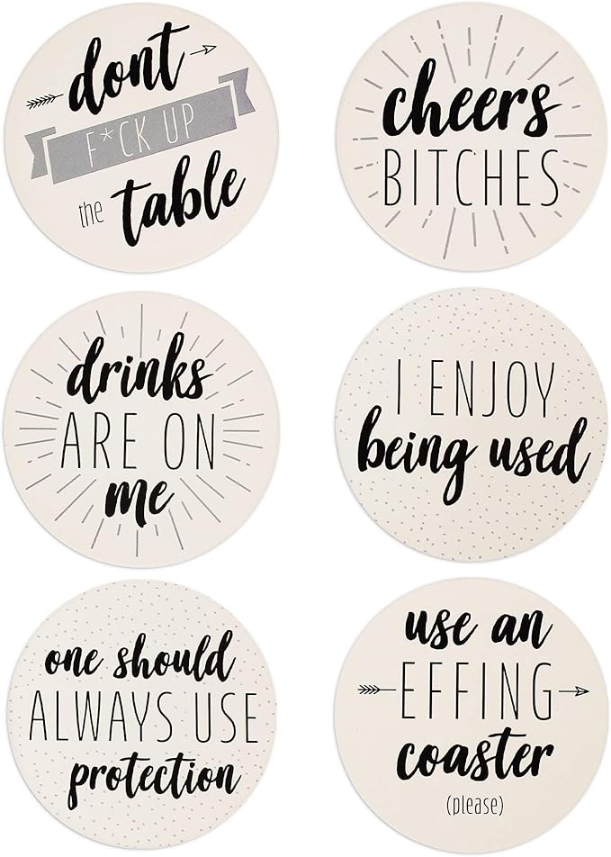 LotFancy 6PCS Ceramic Coasters with Cork Base, Round Coasters with 6 Humorous Sayings, Non-Slip, Bar Room Decor, Housewarming Gift