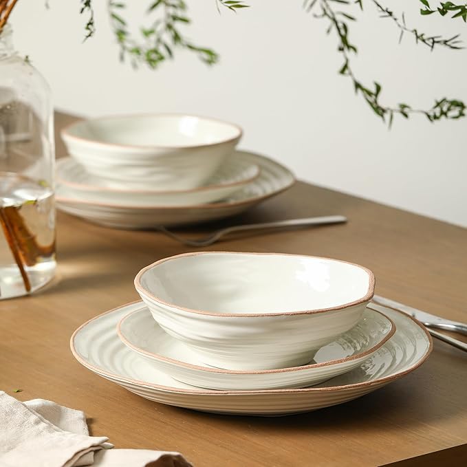 Stone Lain Nami 24-Piece Dinnerware - Stoneware, Plates and Bowls Set, Microwave and Dishwasher Safe, Dish for 8, White