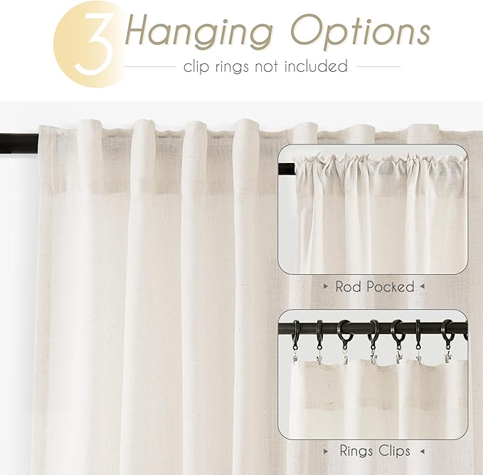 Extra Long 132 inch Curtains Linen Blend for Living Room Back Tab Neutral Rustic Farmhouse Light Filtering Semi Sheer Linen Drapes 132 inch Ceiling to Floor For Large Window Villa Hallway Ivory 11 FT