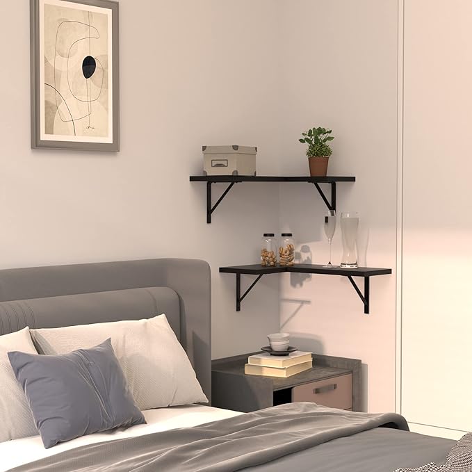 NATURE'S SOURCE Corner Floating Shelves Set of 3, Corner Shelves Wall Mounted, for Bedroom Kitchen Living Room Bathroom Office- Gothic Style (Black)