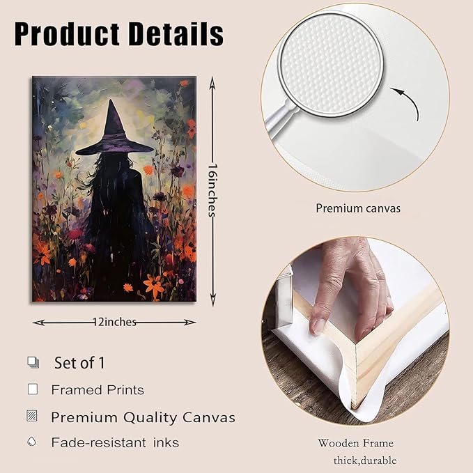 ILLBDR Halloween Vintage Witchy Wall Art Prints Creepy Gothic Dark Moody Pictures Decor Dark Academia Witches Victorian Painting Canvas Posters Bedroom Bathroom 12x16 inch Framed