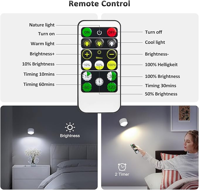 LED Wall Lights with Remote, 2 Pcs Rechargeable Wall Mounted Reading Sconces Lamp 3000mAh, 3 Colors & Dimmable Magnetic 360° Rotation Cordless Wall Lighting Spotlights for Bedroom Bedside Hallway