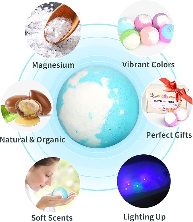 Light Up Bath Bombs with Surprise Inside, 4.23 oz Natural Gift Set 6 with Essential Oils, Magnesium Large Bath Bombs for Women Relaxing Spa Skin Moisturize Gifts for Women