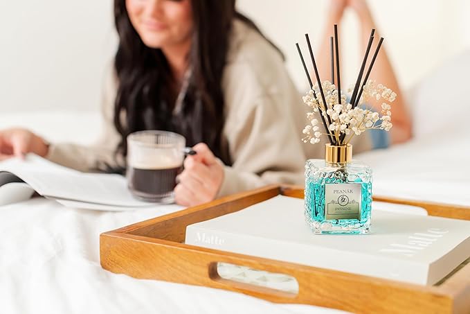 Reed Diffuser Set - Jasmine Amber Oil, Oil Diffuser Sticks, Bathroom Diffuser, Bathroom Decor, 200ml with Preserved Flowers - PEANÄK