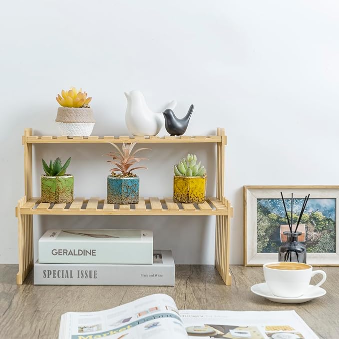 MyGift Natural Bamboo Indoor Plant Stand for Desk, 2 Tier Desktop Shelf Organizer Rack with 2 Slatted Shelves