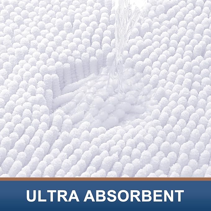 Smiry Luxury Chenille Bathroom Rugs 34x21, Extra Soft and Absorbent Shaggy Bath Mat, Machine Washable, Non-Slip Plush Carpet Runner for Tub, Shower, and Floor, Home Decor Accessories, White