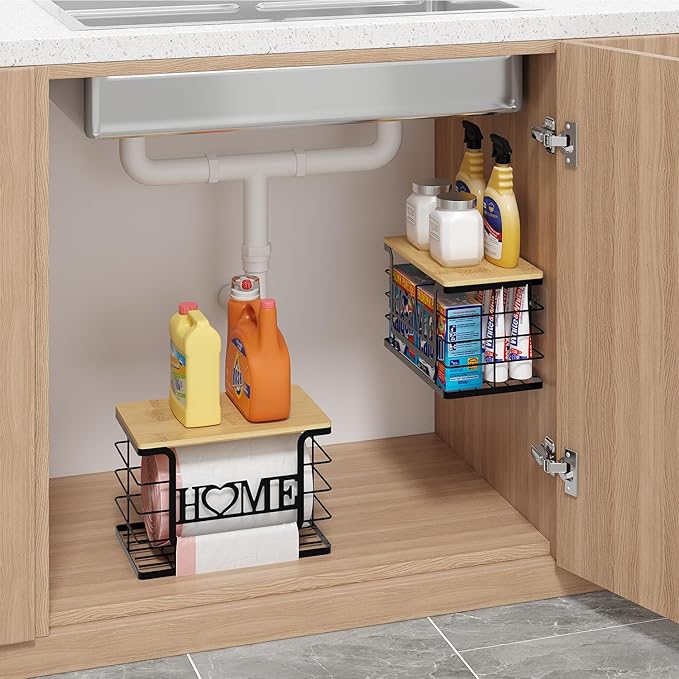 Trash Bag Holder, Thipoten Trash Bags Dispenser with Bamboo Top, Suitable for Garbage Bags Purchased Online or Supermarket, Perfect Storage Organizers for Cabinet, Under Sink (Black, Extra Large)