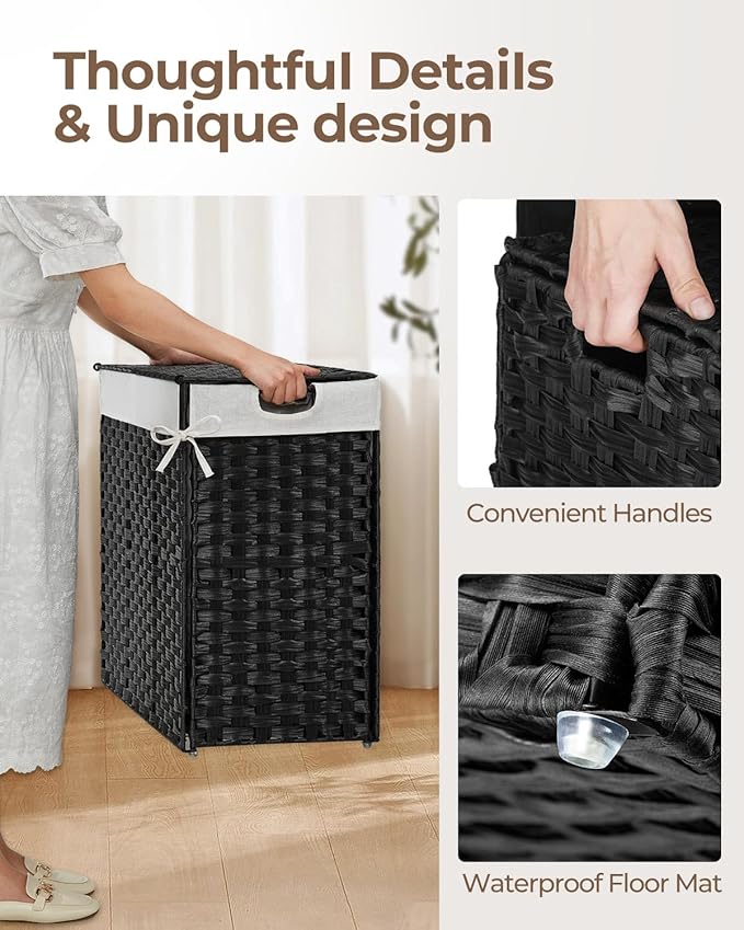 Greenstell Laundry Hamper with 2 Removable Liner Bags, Foldable Divided Clothes Hamper, 90L Handwoven Synthetic Rattan Laundry Basket with Lid and Handles, Easy to Install Black 18.3x13.3x24 Inches