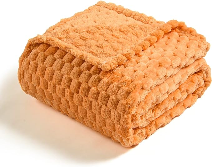 Vessia Flannel Fleece Twin Blanket(60x80 inch), 3D Jacquard Light Orange Fuzzy and Warm Blanket for Couch,Sofa,Chair, 300GSM Super Soft Touch Cozy Lightweight Bed Home Decor for All-Season