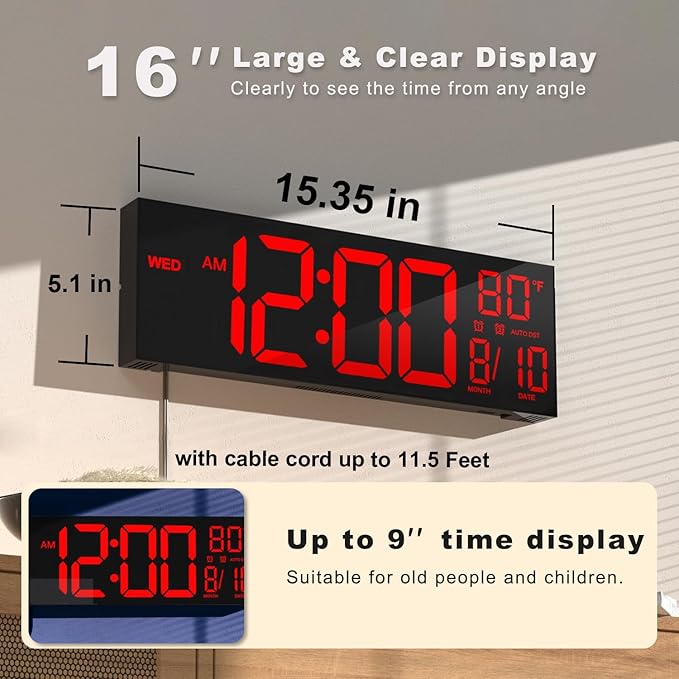 JALL 16" Large Digital Wall Mount Clock, Count Down Timer, Alarm, Big LED, DST, Temperature for Living Room Classroom Desk, Xmas, Birthday Gift for Senior Men Women Mom Dad, Red