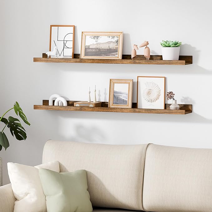 upsimples Floating Shelves for Wall, Wall Shelves for Decor Storage Set of 6, Wall Mounted Wood Shelves for Bedroom, Living Room, Bathroom, Kitchen, 35.5 inch Long Picture Ledge Shelves, Brown