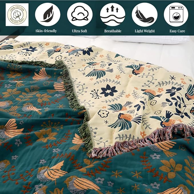 Boho Throw Blankets 100% Cotton for Bed Couch 90"x98", Reversible and Soft Mexican Blankets Lightweight Muslin Blankets Farmhouse Warm Throws Gifts for Women Mom