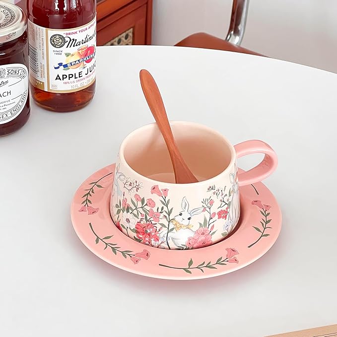 Cute Ceramic Coffee Mug with Saucer Set, 9oz Rabbit Pink Tea Cup with Floral Design, Latte Art Mugs for Coffee Tea Hot Chocolate, Gift for Women, Mom, Friend, Mothers Day Gifts