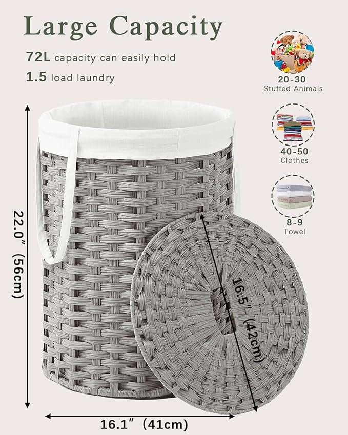 Laundry Hamper with Lid Laundry Basket with Lid 19.0 Gal (72 L) Round Wicker Laundry Basket Handwoven Rattan Basket with Lid Removable Bag 2 Mesh Bags Handles for Living Room Bathroom Gray