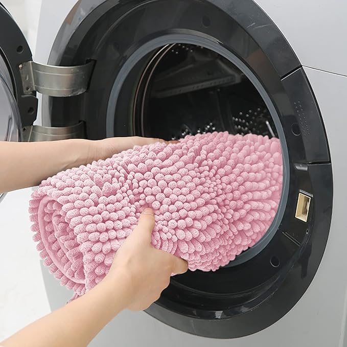 ACCUMTEK Striped Pink Toilet Bathroom Rug Mat Set 2 Piece Rug Ultra Soft, Non Slip Chenille Bath Rugs, Absorbent Plush Shaggy Bath Mats for Bathroom, Bedroom, Kitchen, Shower, Tub