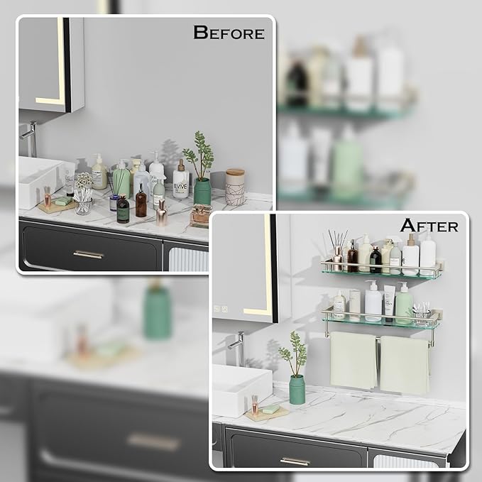 Bathroom Glass Shelf with Towel Bar/Rack 24 inches Wall-Mounted Shelves Tempered Glass Sink Toilet Organizer Shower Towel Decorative Storage (Brushed Nickel, 24IN)