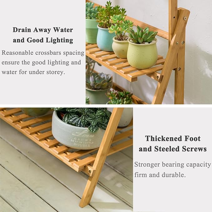COPREE Bamboo 3-Tier Hanging Plant Stand Planter Shelves Flower Pot Organizer Rack Folding Display Shelving Plants Shelf Unit Holder