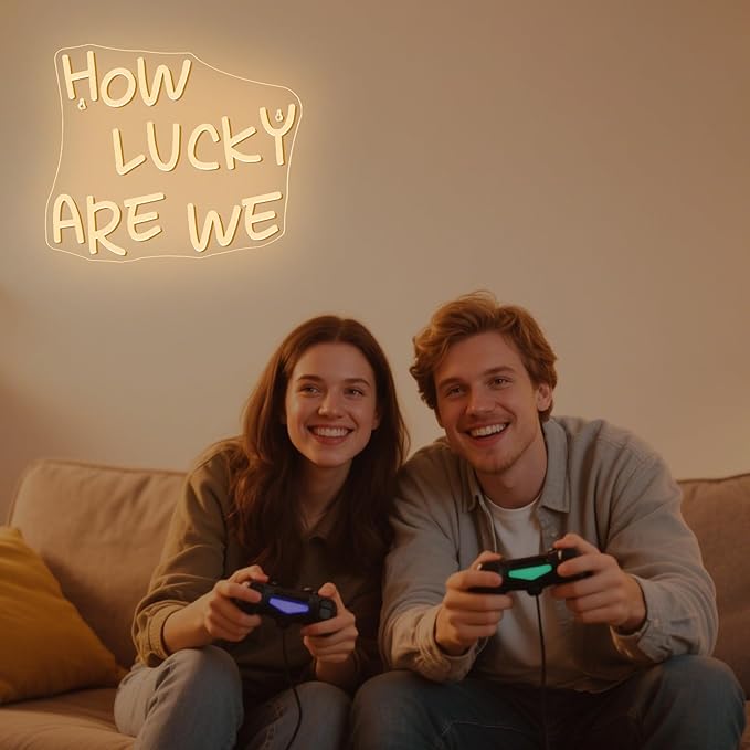 NOSUN How Lucky Are We Neon Sign Lucky Light Signs, Warm White Neon Signs for Wall Decor, Lucky LED Neon Signs for Teen Girls Neon Lights Signs for Bedroom, Salon, Party Neon Name Sign