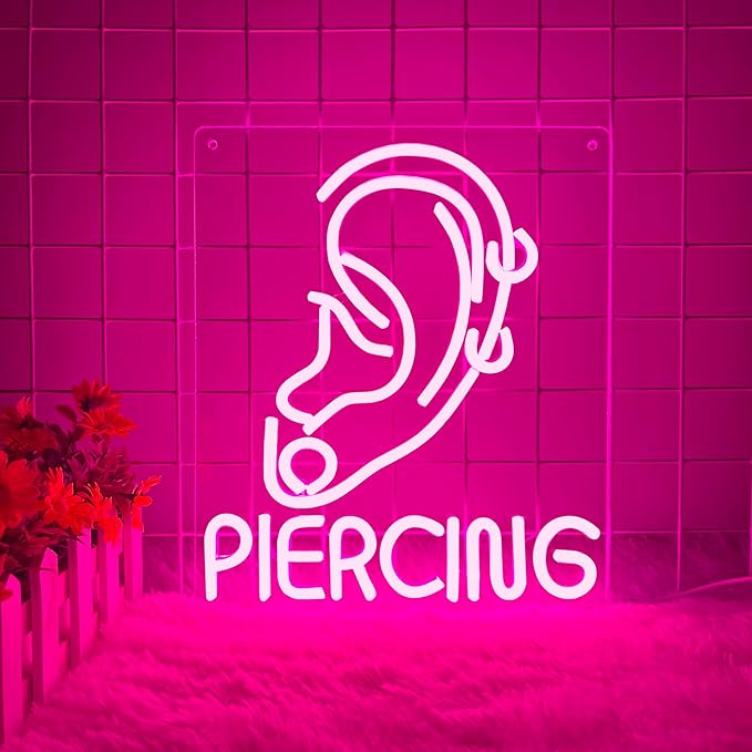 Ear Piercing Neon Sign, Cool Pink Dimmable LED Creative Ear Earring Neon Light, Tattoo Studio Barber Salon Massage SPA Shop Neon Light Decoration, Suitable Gift For Young People And Girls(13 * 11in)
