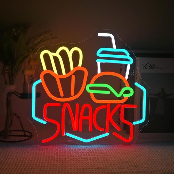 Lucunstar Snack Burger Fries Neon Sign,LED Sign for Burger Shop Decor,Hamburger LED Neon Light,USB Connectivity Neon Sign with Dimming switch for Restaurant,Kitchen,Store,Party,Bar Sign