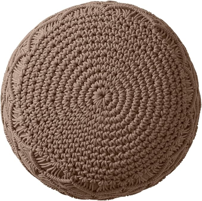 Ornavo Home Pouf Ottoman Foot Rest - 100% Cotton Pouffe - Hand Knitted Macrame Braid - Boho Round Stuffed Ottoman for Living Room, Bedroom - Taupe/Brown
