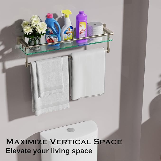 Bathroom Glass Shelf with Towel Bar/Rack 24 inches Wall-Mounted Shelves Tempered Glass Sink Toilet Organizer Shower Towel Decorative Storage (Brushed Nickel, 24IN)