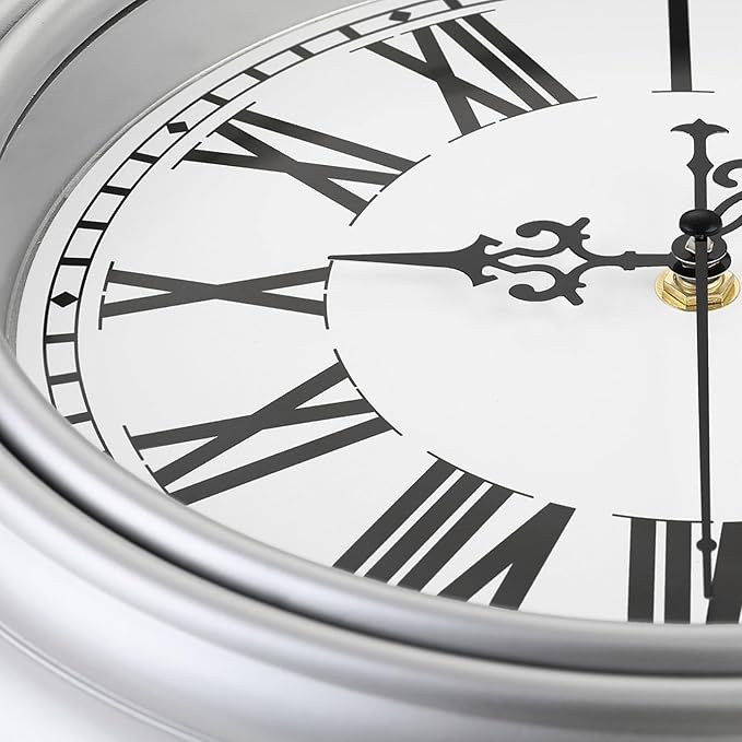 Plumeet Retro Wall Clock, 12'' Non Ticking Classic Silent Vintage Wall Clocks Decorative Kitchen Living Room Bedroom, Roman Numerals, Battery Operated, Silver