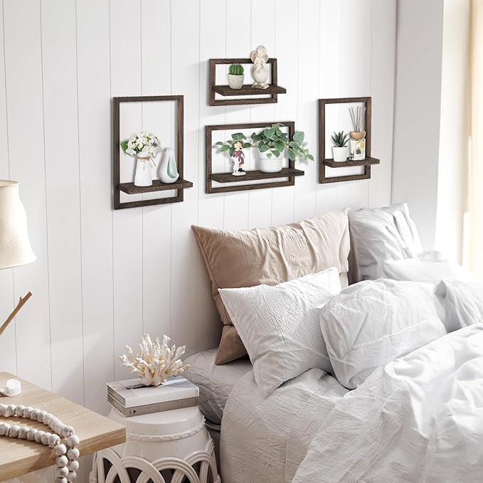 Wood Rustic Floating Shelves: 4-Piece Wall Shelf for Farmhouse Bedroom Decor - Handcrafted Easy Install Versatile Storage for Living Room