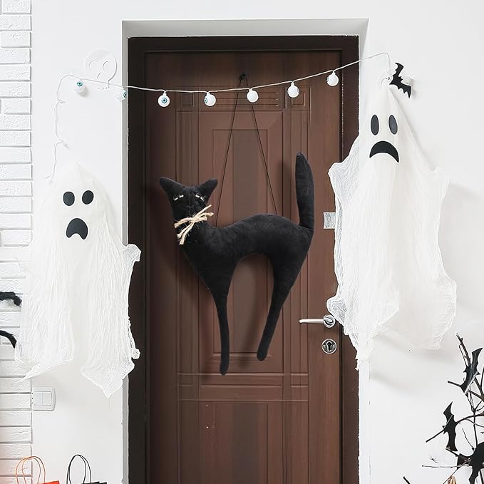 Suhine 16 Inch Halloween Black Cat Decoration Black Moon Cat Gifts Realistic Hanging Vintage Primitiva Halloween Decoration