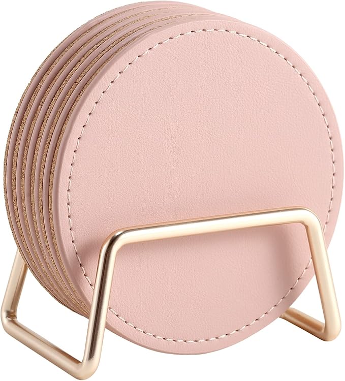 CASEGRACE Drink Coasters with Metal Holder Stand Set of 6, PU Leather Absorbent Coasters with Cork Base Table Coaster Set Decorative Coffee Cup Coasters Housewarming Gift for Home Decor